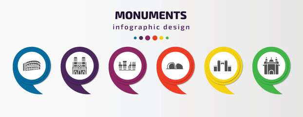 monuments infographic element with filled icons and 6 step or option. monuments icons such as pula arena, notre dame cathedral, roman theatre of merida, al shaheed monument, medieval walls in avila,