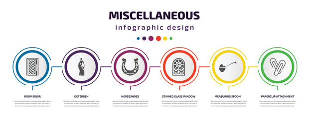 miscellaneous infographic element with filled icons and 6 step or option. miscellaneous icons such as room door, detergen, horseshoes, stained glass window, measuring spoon, paperclip attachment