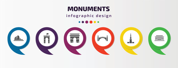 monuments infographic element with filled icons and 6 step or option. monuments icons such as canyon, ejer baunehoj, arc of triomphe, stari most, qutb minar in new delhi, national mall vector. can