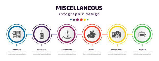 miscellaneous infographic element with filled icons and 6 step or option. miscellaneous icons such as scrapbook, glue bottle, candlesticks, pebble, camera front, wringer vector. can be used for