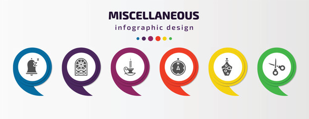 miscellaneous infographic element with filled icons and 6 step or option. miscellaneous icons such as snooze, stained glass window, candlestick, compass pointing north, alchemy, scissor vector. can