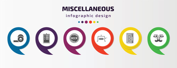 miscellaneous infographic element with filled icons and 6 step or option. miscellaneous icons such as adhesive tape, evaluate, beer cap, wringer, room door, fun glasses vector. can be used for