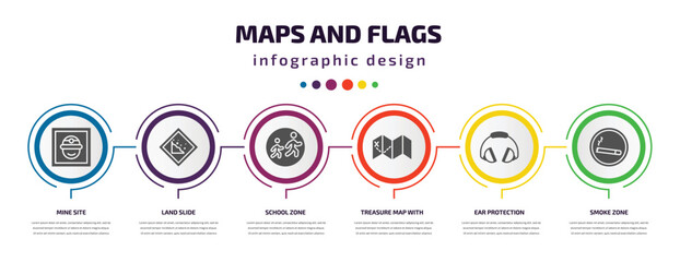 maps and flags infographic element with filled icons and 6 step or option. maps and flags icons such as mine site, land slide, school zone, treasure map with x, ear protection, smoke zone vector.