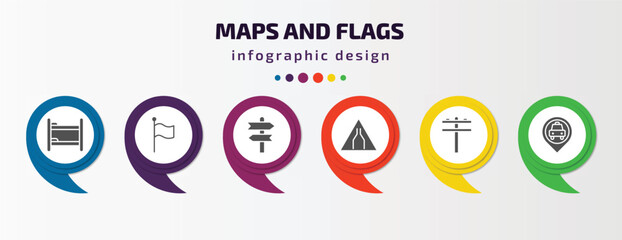 maps and flags infographic element with filled icons and 6 step or option. maps and flags icons such as dormitory, plain flag, vintage, narrow two lanes, pole, taxi stop vector. can be used for