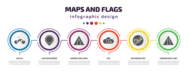 maps and flags infographic element with filled icons and 6 step or option. maps and flags icons such as bicycle, location marker, narrow two lanes, co2, no smoking pipe, narrow right lane vector.