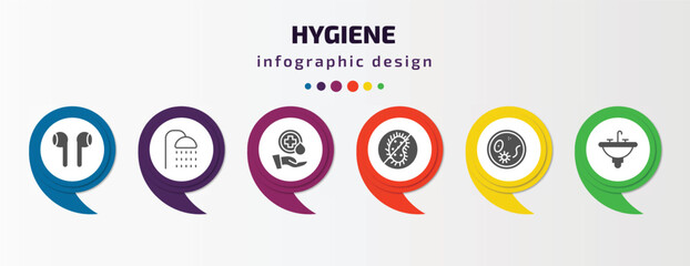 hygiene infographic element with filled icons and 6 step or option. hygiene icons such as ear buds, douche, sanitary, antibacterial, pathogen, washbasin vector. can be used for banner, info graph,