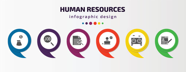 human resources infographic element with filled icons and 6 step or option. human resources icons such as pension, job search, grievance, working, chess clock, job application vector. can be used