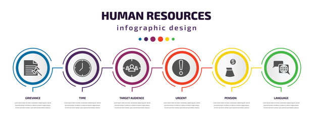 human resources infographic element with filled icons and 6 step or option. human resources icons such as grievance, time, target audience, urgent, pension, language vector. can be used for banner,