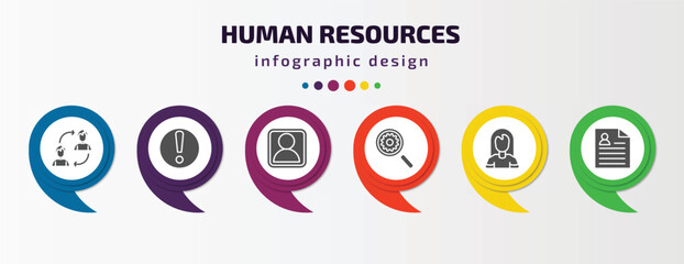 human resources infographic element with filled icons and 6 step or option. human resources icons such as change personal, urgent, profiles, due diligence, women, resume vector. can be used for