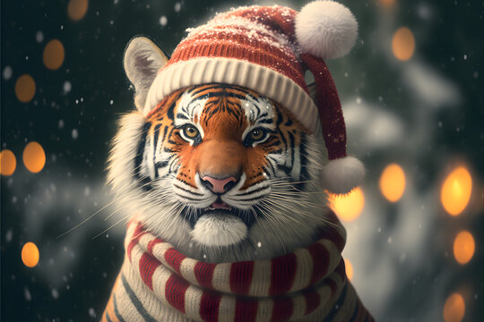 Tiger With Santa Hat, In A Snowy Christmas, Tiger In The Snow, Christmas Wallpaper