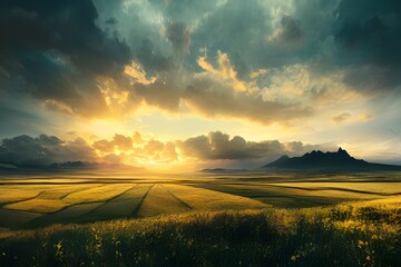 Beautiful golden pastures stretching to the horizon. - obrazy, fototapety, plakaty