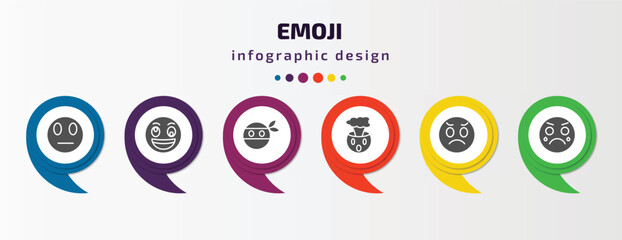 emoji infographic element with filled icons and 6 step or option. emoji icons such as suspicious emoji, weird ninja exploding head dissapointment cry vector. can be used for banner, info graph, web. © Farahim