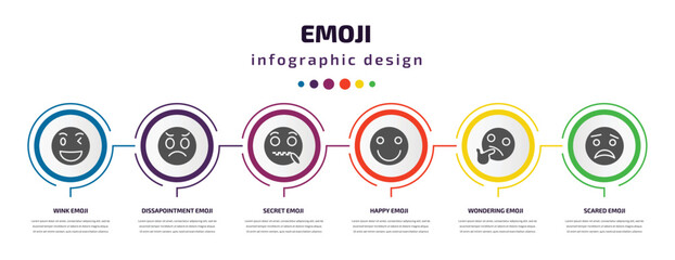 emoji infographic element with filled icons and 6 step or option. emoji icons such as wink emoji, dissapointment secret happy wondering scared vector. can be used for banner, info graph, web.