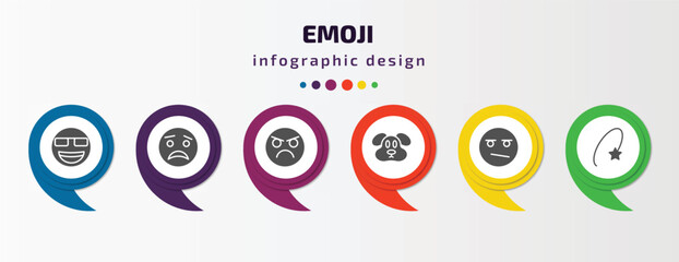 emoji infographic element with filled icons and 6 step or option. emoji icons such as nerd emoji, scared pouting dog bored dizzy vector. can be used for banner, info graph, web.