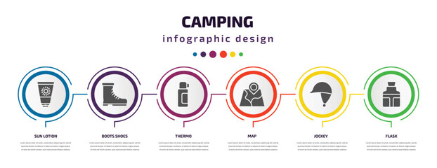 camping infographic element with filled icons and 6 step or option. camping icons such as sun lotion, boots shoes, thermo, map, jockey, flask vector. can be used for banner, info graph, web.