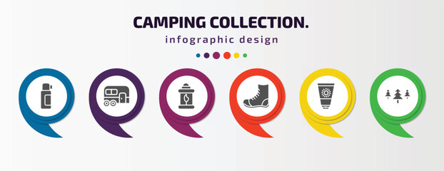 camping collection. infographic element with filled icons and 6 step or option. camping collection. icons such as thermo, caravan, fire lamp, boot, sun lotion, pines vector. can be used for banner,