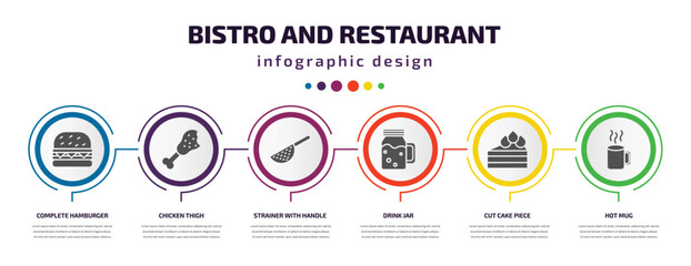 bistro and restaurant infographic element with filled icons and 6 step or option. bistro and restaurant icons such as complete hamburger, chicken thigh, strainer with handle, drink jar, cut cake