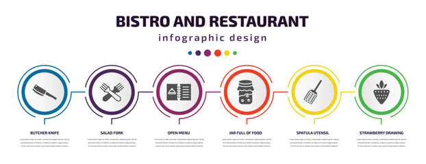 bistro and restaurant infographic element with filled icons and 6 step or option. bistro and restaurant icons such as butcher knife, salad fork, open menu, jar full of food, spatula utensil,