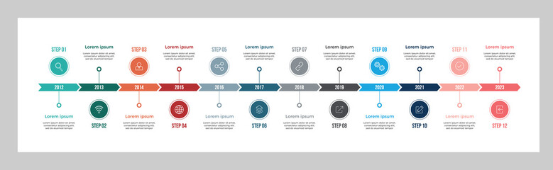 Obraz na płótnie Canvas Timeline business rounded infographic template with 12 options. Colorful diagram, vector abstract element timeline infographics.