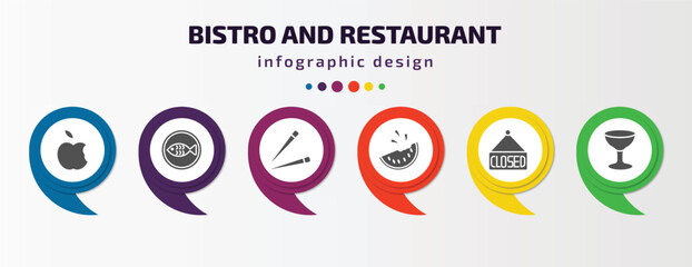 bistro and restaurant infographic element with filled icons and 6 step or option. bistro and restaurant icons such as with skin, kitchen fish, chopsticks, watermellon slice, closed, wide glass