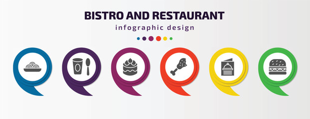 bistro and restaurant infographic element with filled icons and 6 step or option. bistro and restaurant icons such as plate of spaghetti, yogurt with spoon, decorated cake, chicken thigh, menu card,
