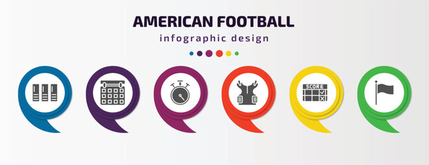 american football infographic element with filled icons and 6 step or option. american football icons such as lockers, calendar, stopwatch, padded shirt, score, flag vector. can be used for banner,