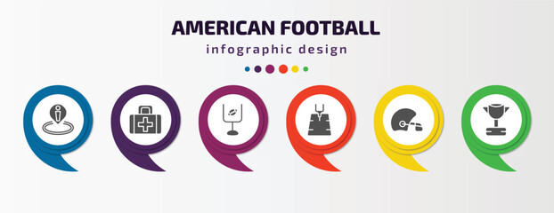 american football infographic element with filled icons and 6 step or option. american football icons such as position, first aid kit, american football goal, field, helmet, trophy vector. can be