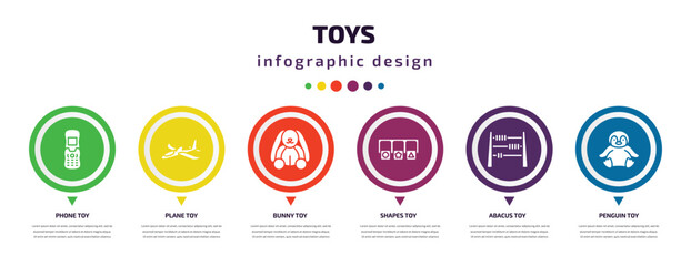 toys infographic element with filled icons and 6 step or option. toys icons such as phone toy, plane toy, bunny toy, shapes abacus penguin vector. can be used for banner, info graph, web.
