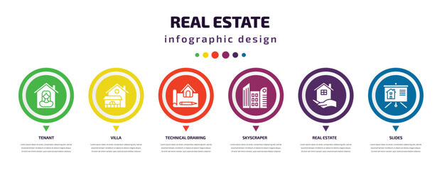 real estate infographic element with filled icons and 6 step or option. real estate icons such as tenant, villa, technical drawing, skyscraper, real estate, slides vector. can be used for banner,