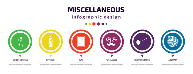 miscellaneous infographic element with filled icons and 6 step or option. miscellaneous icons such as school compass, detergen, rune, fun glasses, measuring spoon, abstract vector. can be used for