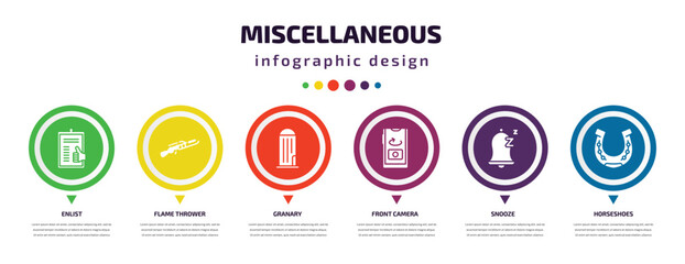 miscellaneous infographic element with filled icons and 6 step or option. miscellaneous icons such as enlist, flame thrower, granary, front camera, snooze, horseshoes vector. can be used for banner,