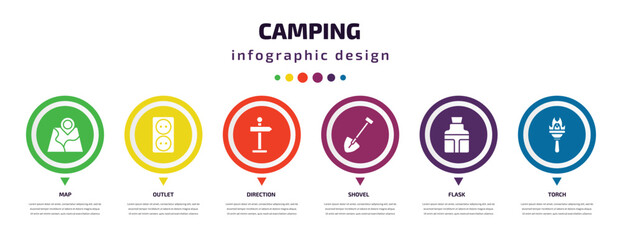 camping infographic element with filled icons and 6 step or option. camping icons such as map, outlet, direction, shovel, flask, torch vector. can be used for banner, info graph, web.