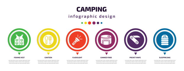 camping infographic element with filled icons and 6 step or option. camping icons such as fishing vest, canteen, flashlight, canned food, pocket knife, sleeping bag vector. can be used for banner,