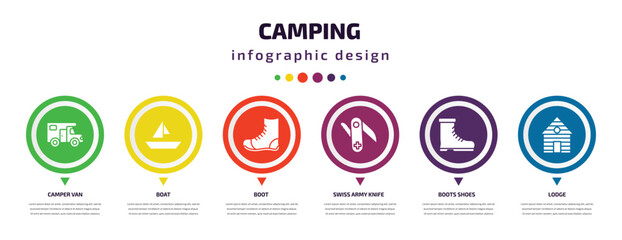 camping infographic element with filled icons and 6 step or option. camping icons such as camper van, boat, boot, swiss army knife, boots shoes, lodge vector. can be used for banner, info graph,