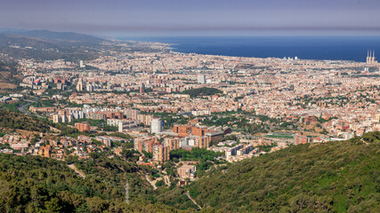 Fototapeta na wymiar Barcelona, panoramic view of the city in Catalonia Spain, seen from Tibidabo Hill 