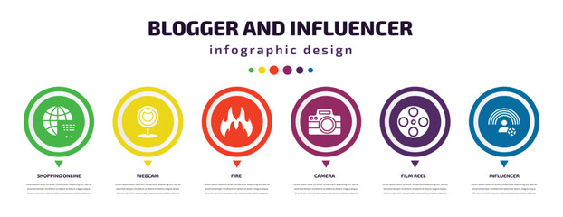 blogger and influencer infographic element with filled icons and 6 step or option. blogger and influencer icons such as shopping online, webcam, fire, camera, film reel, influencer vector. can be