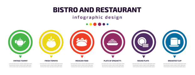 bistro and restaurant infographic element with filled icons and 6 step or option. bistro and restaurant icons such as vintage teapot, fresh tomato, mexican food, plate of spaghetti, round plate,