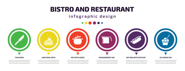 bistro and restaurant infographic element with filled icons and 6 step or option. bistro and restaurant icons such as thin knife, cake piece with cream, pot with cover, measurement jar, hot dog
