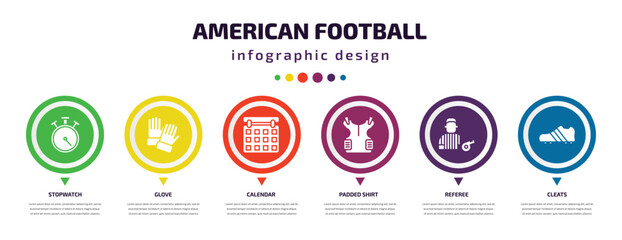 american football infographic element with filled icons and 6 step or option. american football icons such as stopwatch, glove, calendar, padded shirt, referee, cleats vector. can be used for