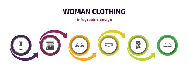 woman clothing infographic element with filled icons and 6 step or option. woman clothing icons such as couture mannequin, eyes shades makeup, reading eyeglasses, perdible pin, female long hair,