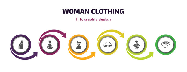 woman clothing infographic element with filled icons and 6 step or option. woman clothing icons such as pocket, vintage dress, female sexy dress, glasses for eyes, perfume, handbag elegant vector.