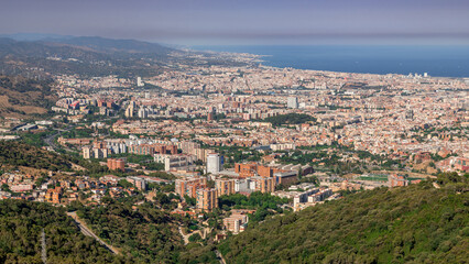 Barcelona, panoramic view of the city in Catalonia Spain, seen from Tibidabo Hill 