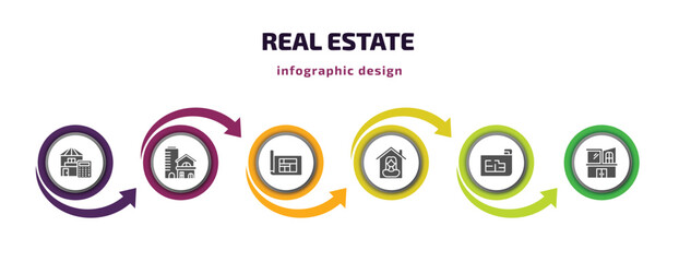 real estate infographic element with filled icons and 6 step or option. real estate icons such as calculate, property, blueprint, tenant, plans, modern house vector. can be used for banner, info