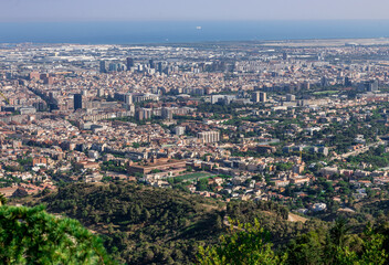 Barcelona, panoramic view of the city in Catalonia Spain, seen from Tibidabo Hill 