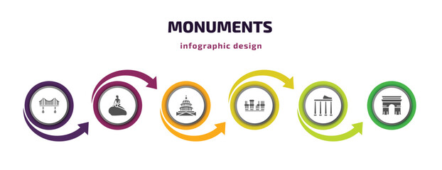 monuments infographic element with filled icons and 6 step or option. monuments icons such as vincent thomas bridge, denmark, united states capitol, roman theatre of merida, temple of apollo, arc of
