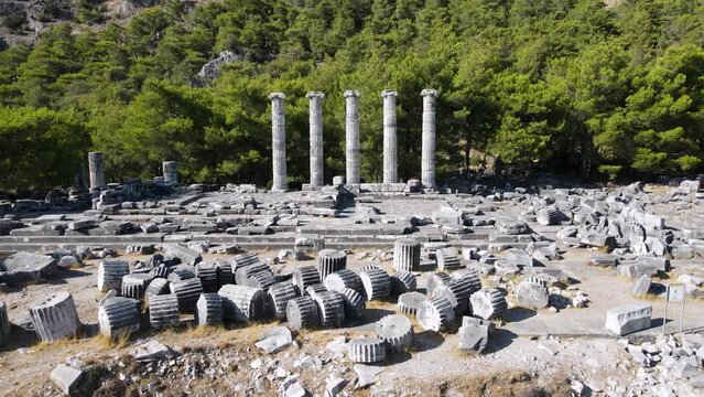 View of historical ruins, columns, ancient theater and temples in the ancient city of Priene.
