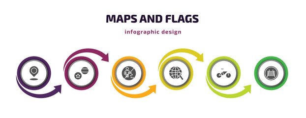 maps and flags infographic element with filled icons and 6 step or option. maps and flags icons such as locato, flags, no littering, arrow on globe, bicycle, rail crossing vector. can be used for