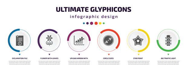 ultimate glyphicons infographic element with filled icons and 6 step or option. ultimate glyphicons icons such as exclamation file, flower with leaves, upload arrow with bar, circle sizes, star