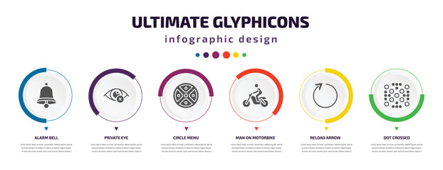 ultimate glyphicons infographic element with filled icons and 6 step or option. ultimate glyphicons icons such as alarm bell, private eye, circle menu, man on motorbike, reload arrow, dot crossed