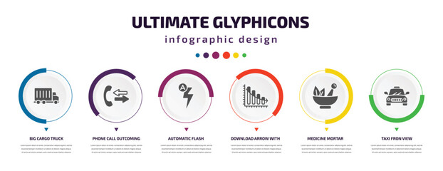 ultimate glyphicons infographic element with filled icons and 6 step or option. ultimate glyphicons icons such as big cargo truck, phone call outcoming, automatic flash, download arrow with bar,